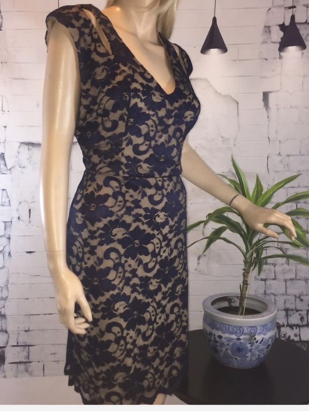 Navy Lace Overlay Sheath Dress